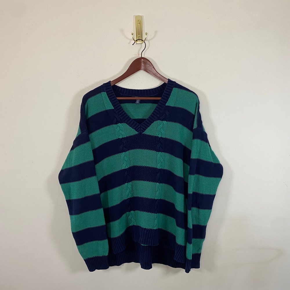 Chaps XL‎ V-Neck Striped Cable Knit Sweater Green Navy Slouchy Preppy Fisherman